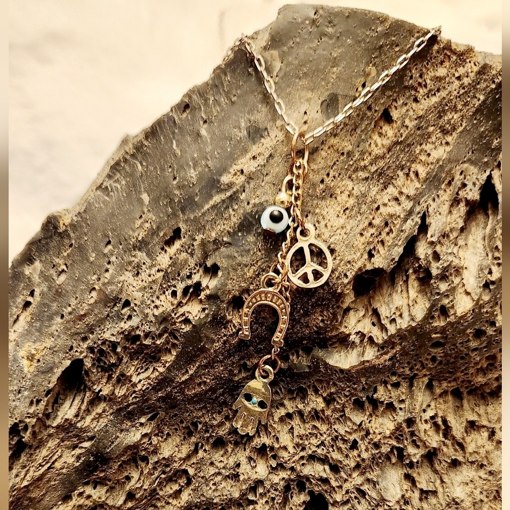 Hamsa Hand Evil Eye Horseshoe Peace Sign Necklace - Picture 4 of 14